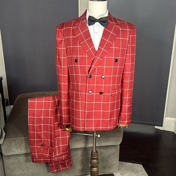 Men’s Check Plaid 3 Piece Suit Double Breasted Peak Lapel 42 Jacket 38 Pants NEW - Picture 1 of 16